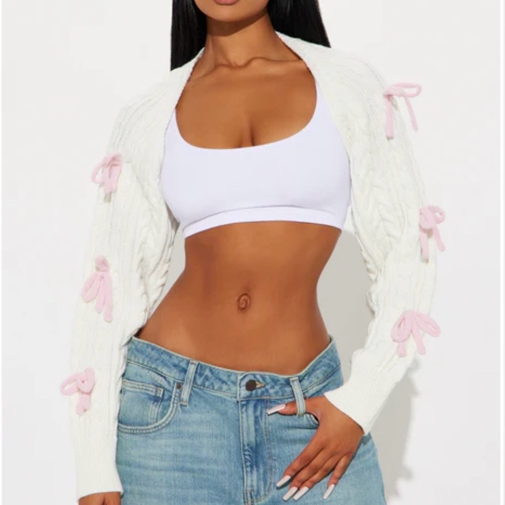 Fashion Nova White Cable Knit Cropped Cardigan with Pink Bow Details
